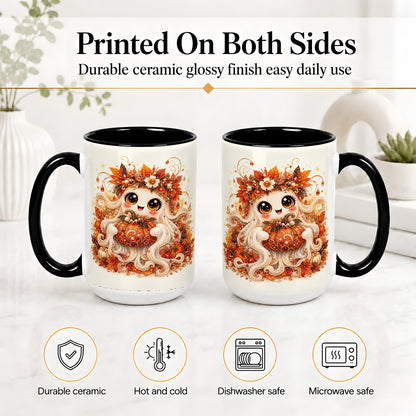 #pl[15oz|Black] Cute Autumn Ghost Accent Mug, Ceramic Mug with Pumpkin Artwork