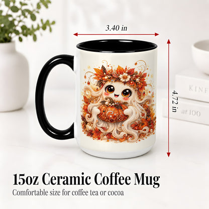 #pl[15oz|Black] Cute Autumn Ghost Accent Mug, Ceramic Mug with Pumpkin Artwork
