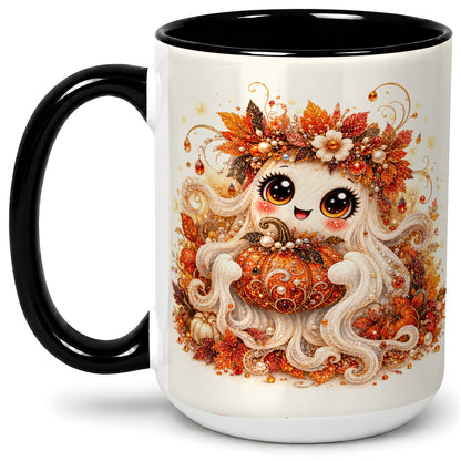 #pl[15oz|Black] Cute Autumn Ghost Accent Mug, Ceramic Mug with Pumpkin Artwork