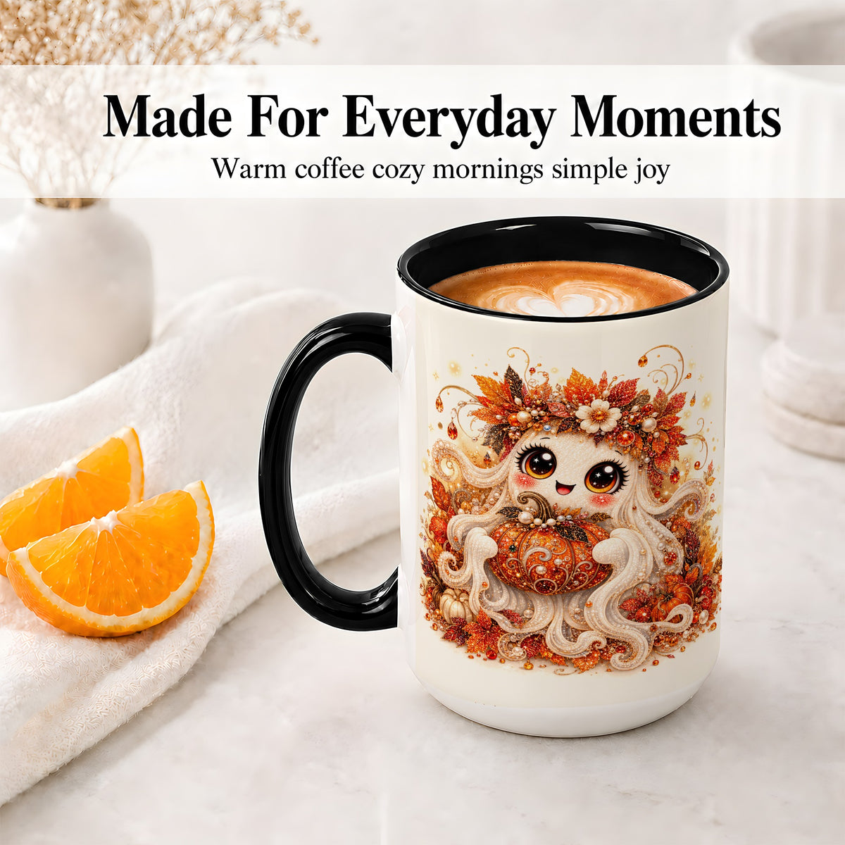 #pl[15oz|Black] Cute Autumn Ghost Accent Mug, Ceramic Mug with Pumpkin Artwork