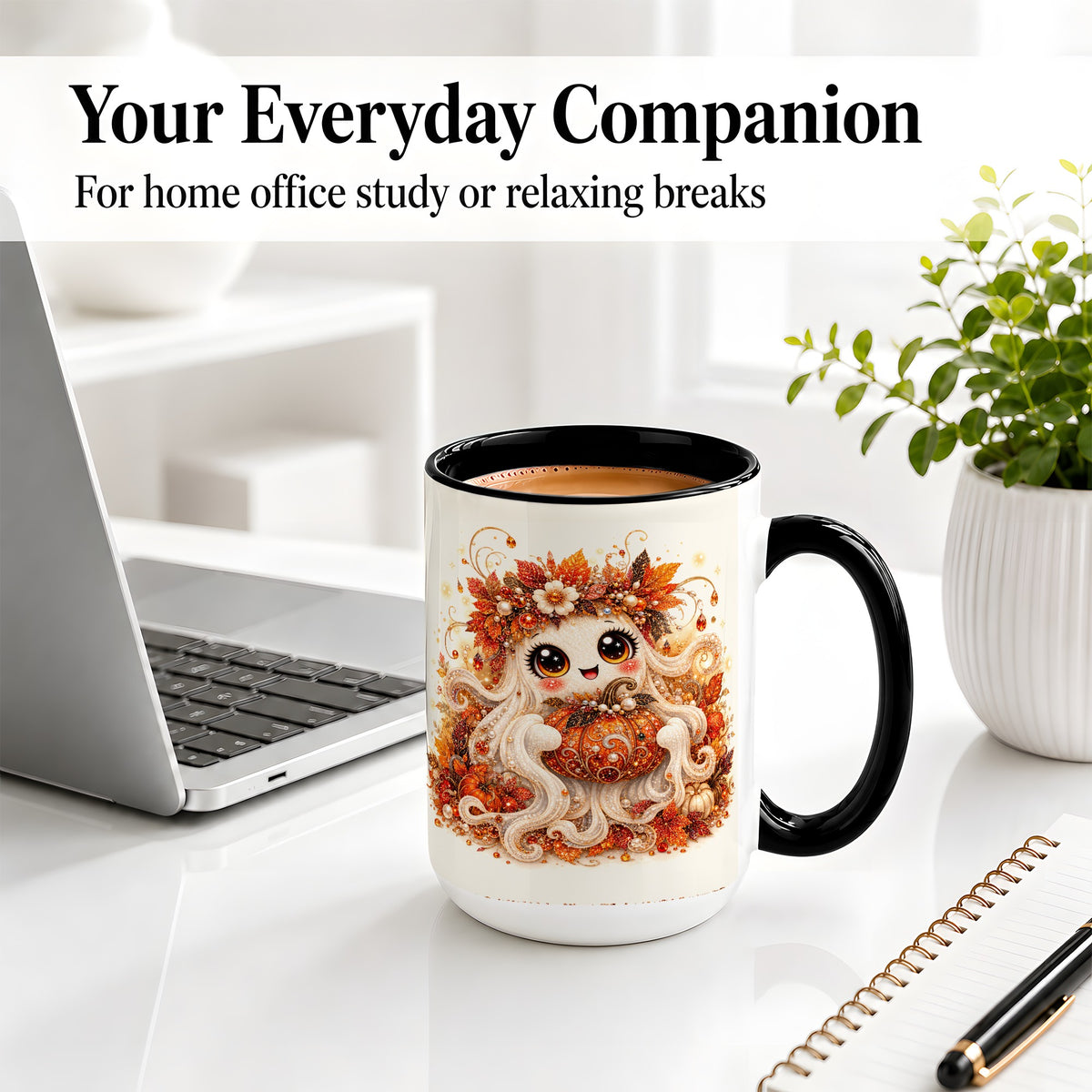 #pl[15oz|Black] Cute Autumn Ghost Accent Mug, Ceramic Mug with Pumpkin Artwork