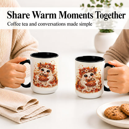 #pl[15oz|Black] Cute Autumn Ghost Accent Mug, Ceramic Mug with Pumpkin Artwork