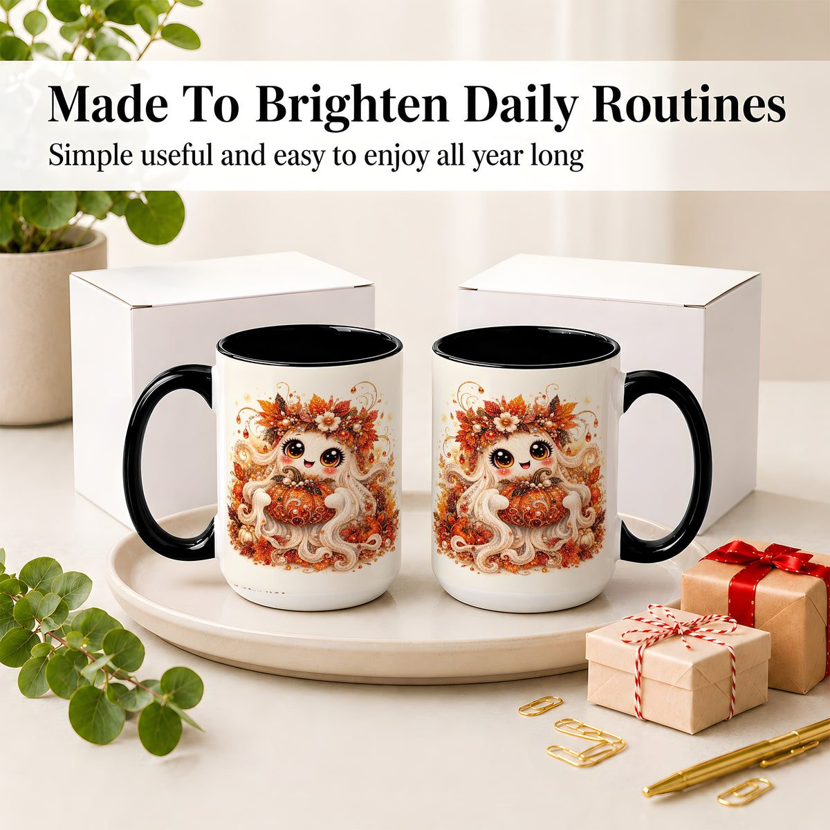 #pl[15oz|Black] Cute Autumn Ghost Accent Mug, Ceramic Mug with Pumpkin Artwork