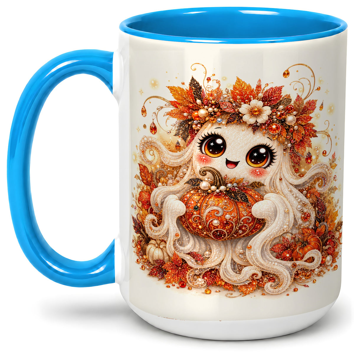#pl[15oz|Blue] Cute Autumn Ghost Accent Mug, Ceramic Mug with Pumpkin Artwork