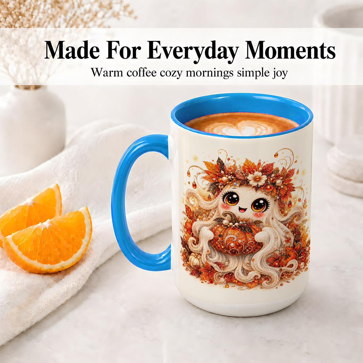 #pl[15oz|Blue] Cute Autumn Ghost Accent Mug, Ceramic Mug with Pumpkin Artwork