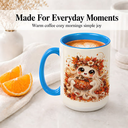 #pl[15oz|Blue] Cute Autumn Ghost Accent Mug, Ceramic Mug with Pumpkin Artwork