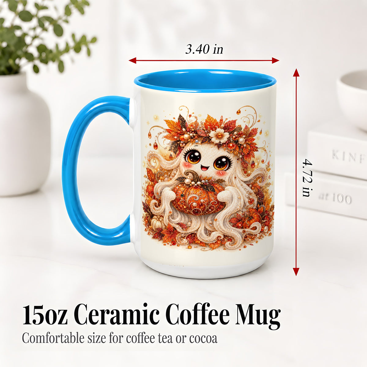 #pl[15oz|Blue] Cute Autumn Ghost Accent Mug, Ceramic Mug with Pumpkin Artwork