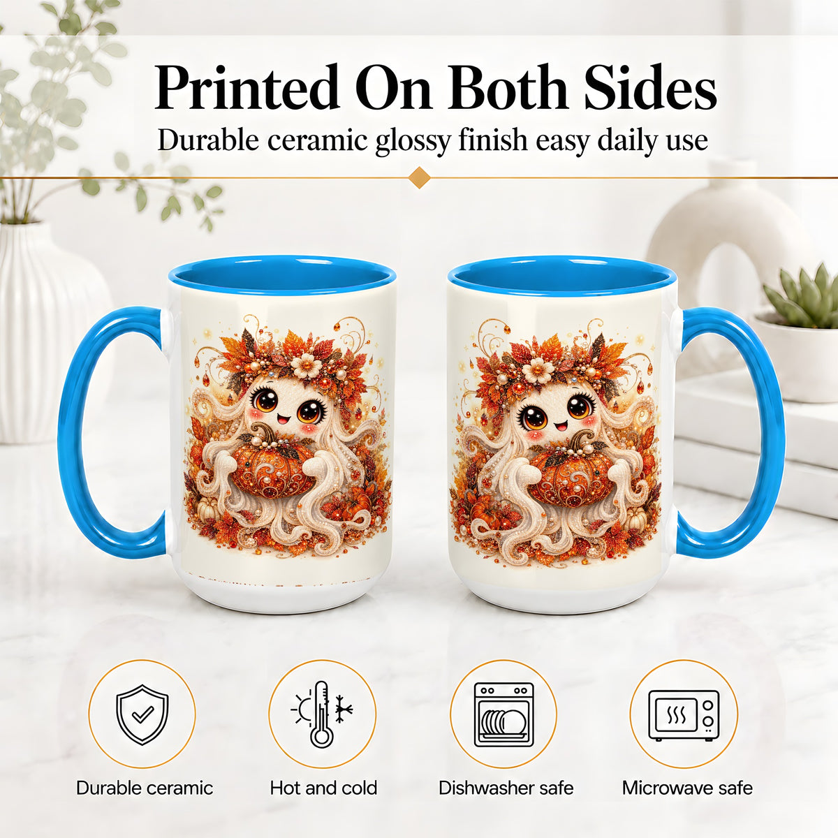 #pl[15oz|Blue] Cute Autumn Ghost Accent Mug, Ceramic Mug with Pumpkin Artwork