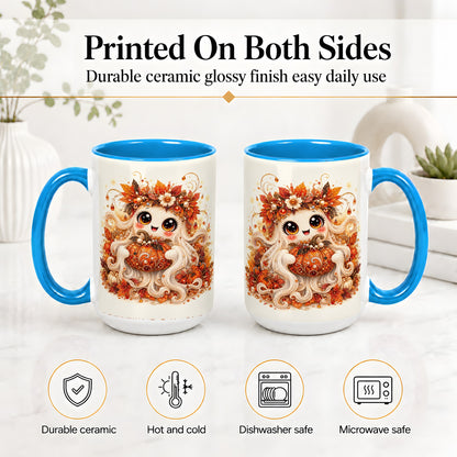 #pl[15oz|Blue] Cute Autumn Ghost Accent Mug, Ceramic Mug with Pumpkin Artwork