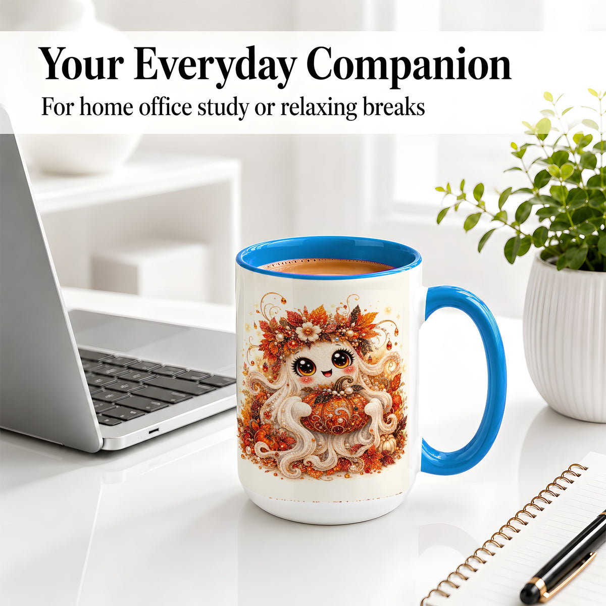 #pl[15oz|Blue] Cute Autumn Ghost Accent Mug, Ceramic Mug with Pumpkin Artwork