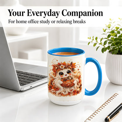 #pl[15oz|Blue] Cute Autumn Ghost Accent Mug, Ceramic Mug with Pumpkin Artwork