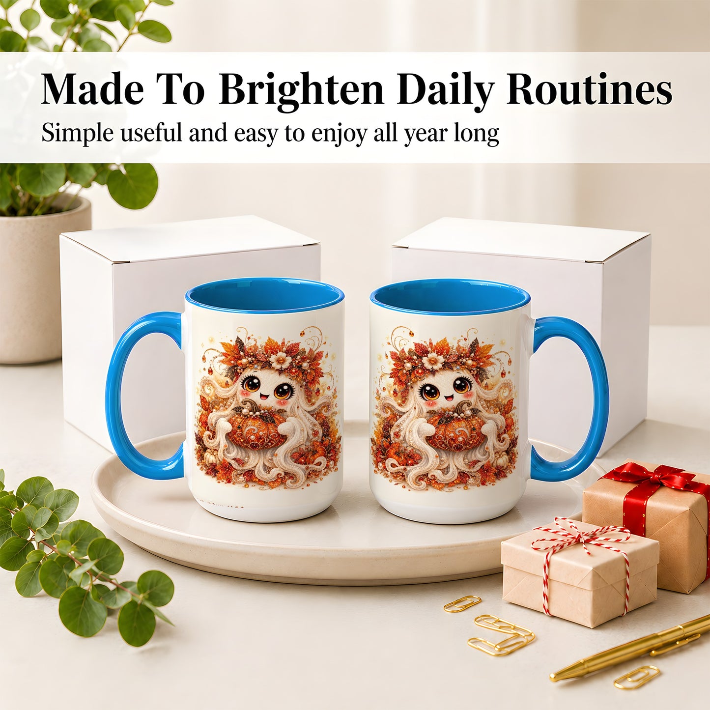 #pl[15oz|Blue] Cute Autumn Ghost Accent Mug, Ceramic Mug with Pumpkin Artwork