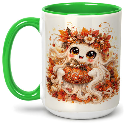 #pl[15oz|Green] Cute Autumn Ghost Accent Mug, Ceramic Mug with Pumpkin Artwork