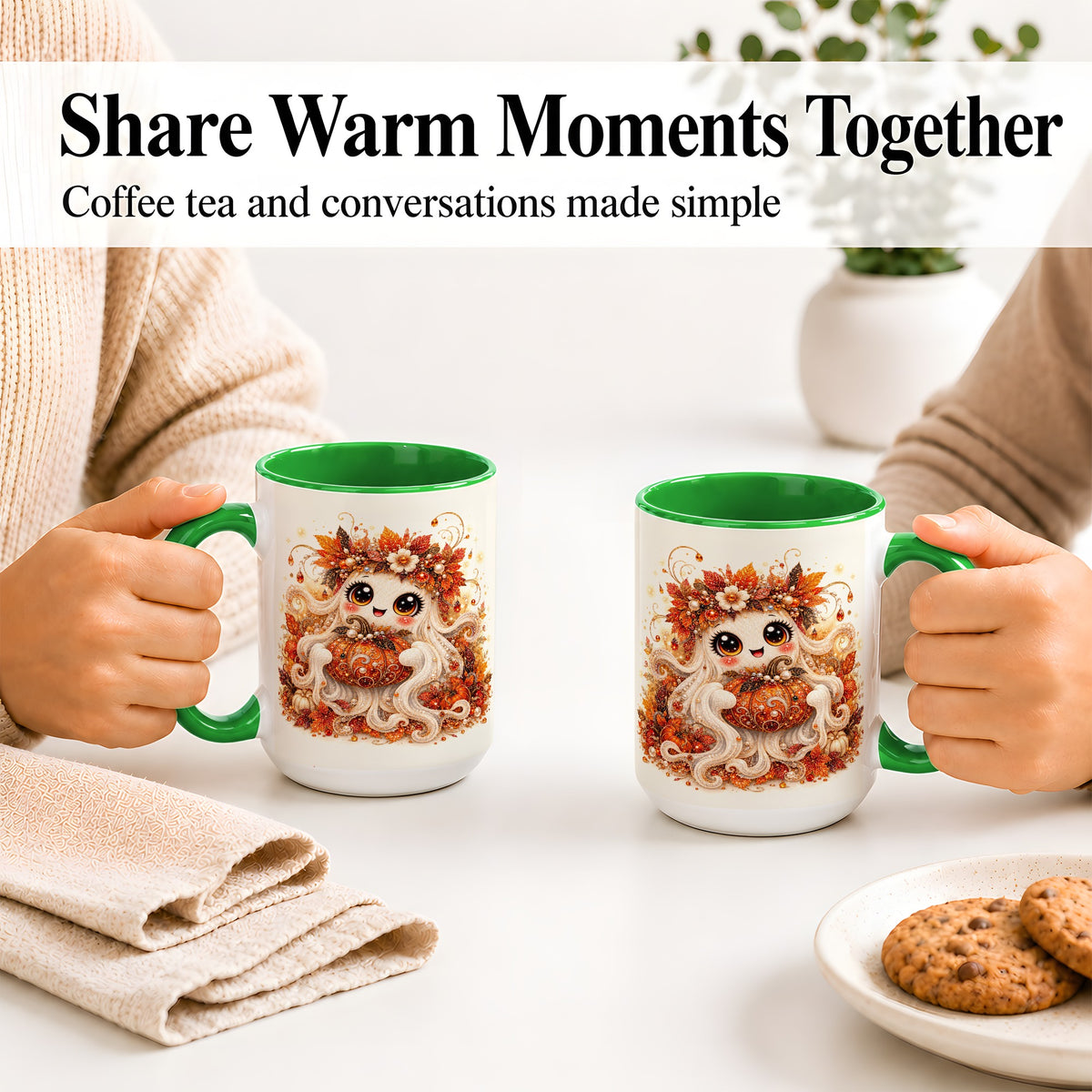 #pl[15oz|Green] Cute Autumn Ghost Accent Mug, Ceramic Mug with Pumpkin Artwork