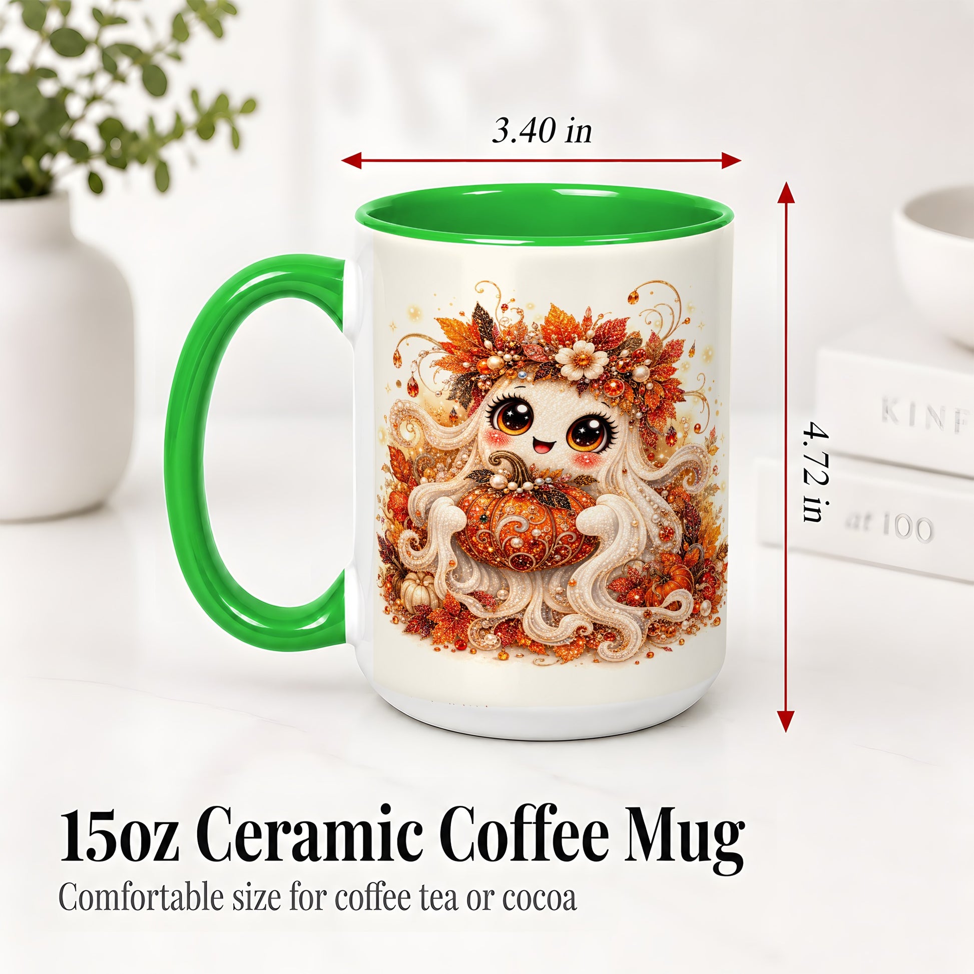 #pl[15oz|Green] Cute Autumn Ghost Accent Mug, Ceramic Mug with Pumpkin Artwork
