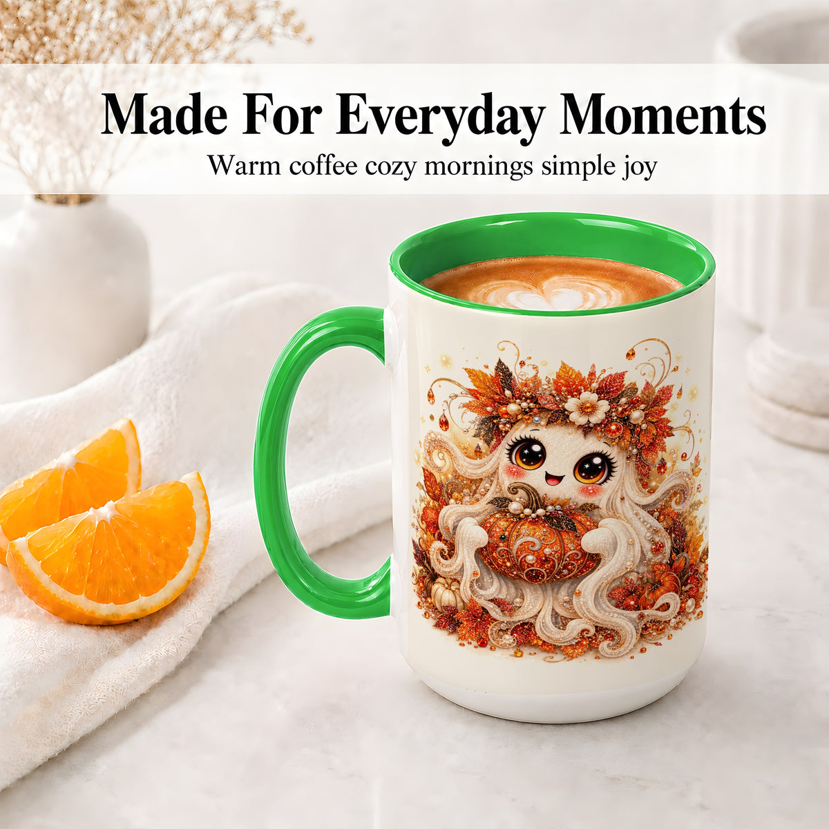#pl[15oz|Green] Cute Autumn Ghost Accent Mug, Ceramic Mug with Pumpkin Artwork