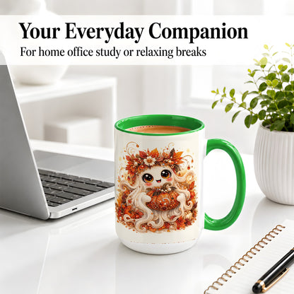#pl[15oz|Green] Cute Autumn Ghost Accent Mug, Ceramic Mug with Pumpkin Artwork