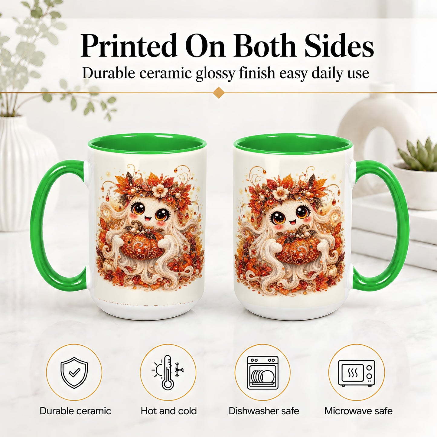 #pl[15oz|Green] Cute Autumn Ghost Accent Mug, Ceramic Mug with Pumpkin Artwork
