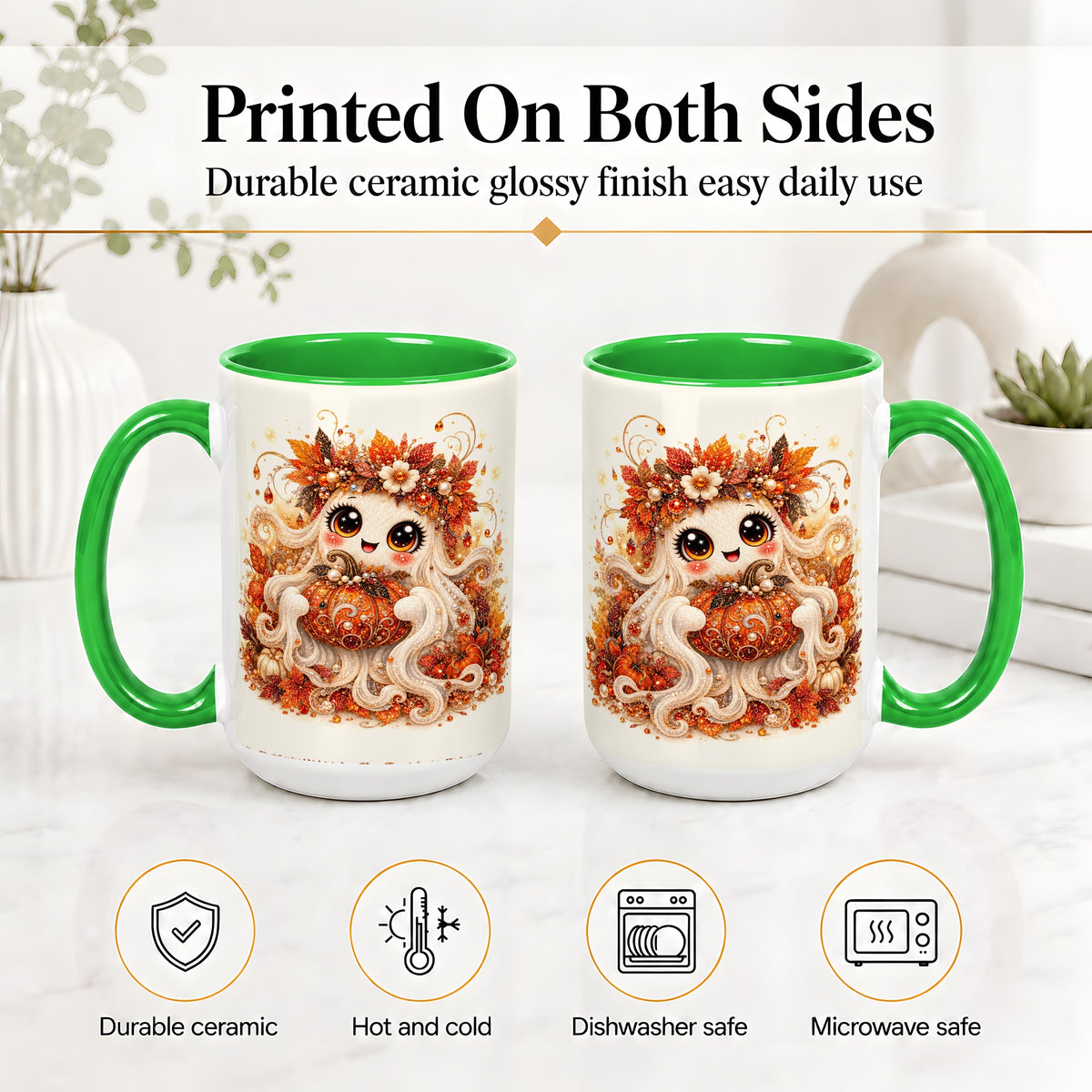 #pl[15oz|Green] Cute Autumn Ghost Accent Mug, Ceramic Mug with Pumpkin Artwork