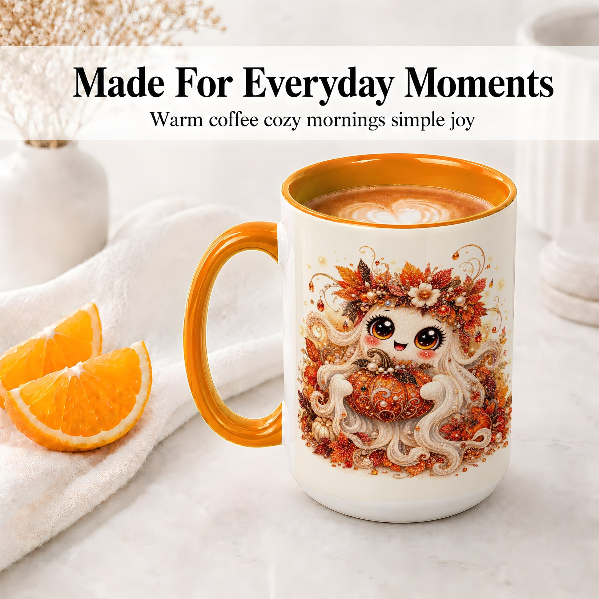 #pl[15oz|Orange] Cute Autumn Ghost Accent Mug, Ceramic Mug with Pumpkin Artwork