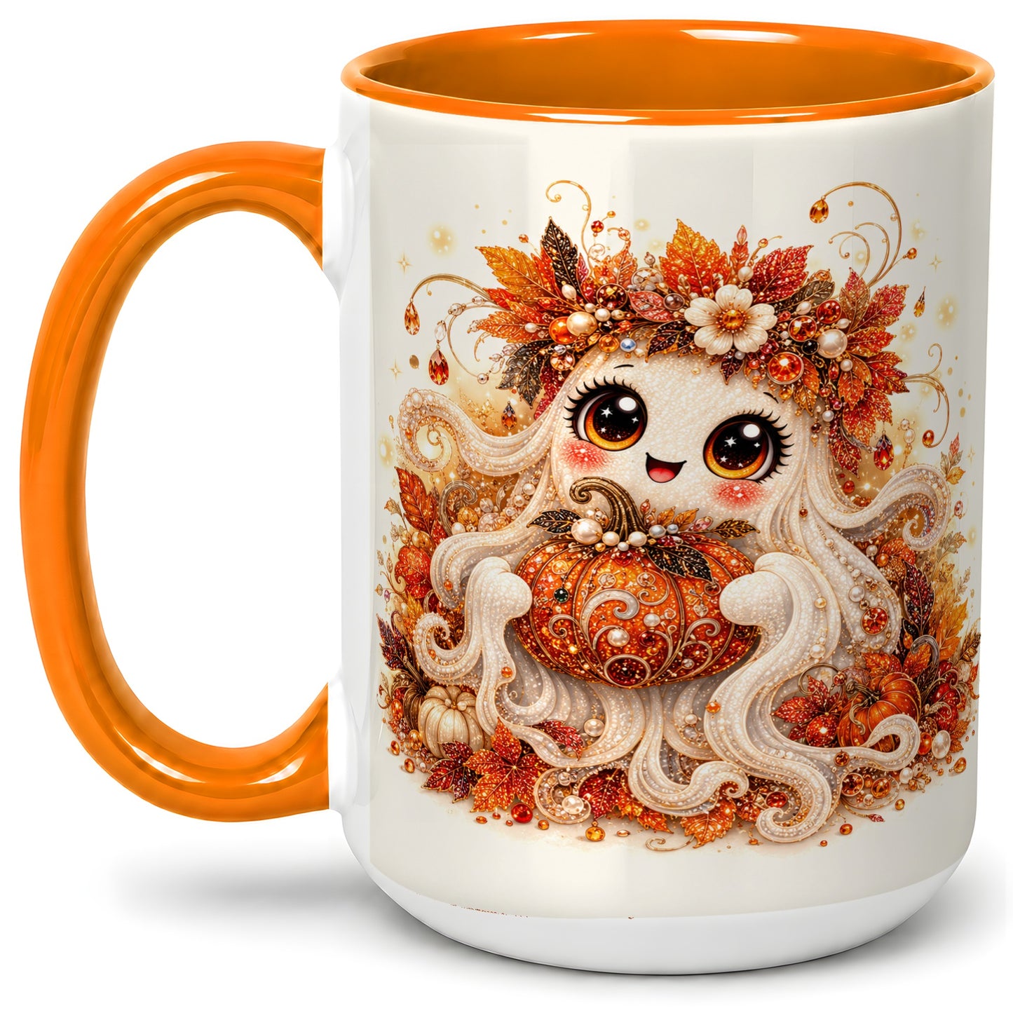 #pl[15oz|Orange] Cute Autumn Ghost Accent Mug, Ceramic Mug with Pumpkin Artwork