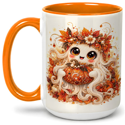 #pl[15oz|Orange] Cute Autumn Ghost Accent Mug, Ceramic Mug with Pumpkin Artwork