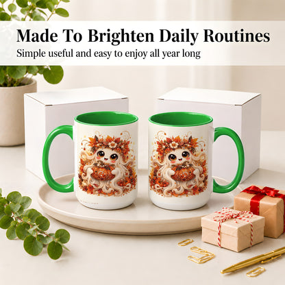 #pl[15oz|Green] Cute Autumn Ghost Accent Mug, Ceramic Mug with Pumpkin Artwork