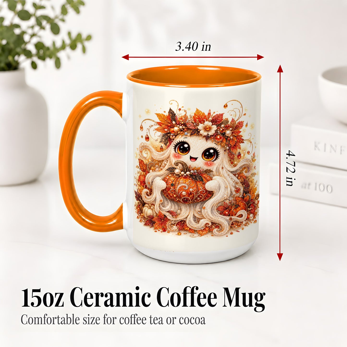 #pl[15oz|Orange] Cute Autumn Ghost Accent Mug, Ceramic Mug with Pumpkin Artwork