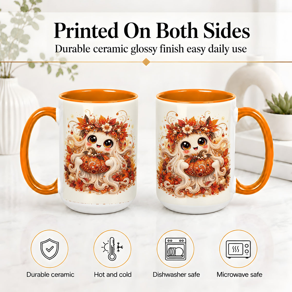 #pl[15oz|Orange] Cute Autumn Ghost Accent Mug, Ceramic Mug with Pumpkin Artwork
