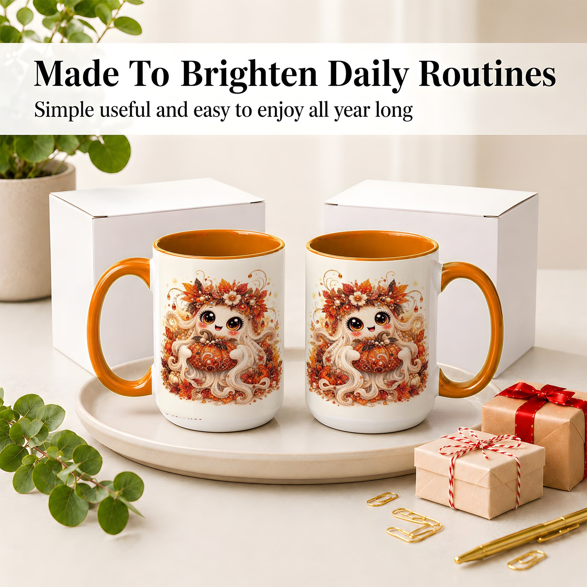 #pl[15oz|Orange] Cute Autumn Ghost Accent Mug, Ceramic Mug with Pumpkin Artwork