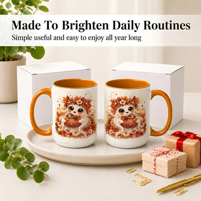 #pl[15oz|Orange] Cute Autumn Ghost Accent Mug, Ceramic Mug with Pumpkin Artwork