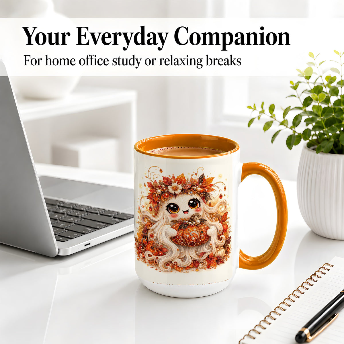 #pl[15oz|Orange] Cute Autumn Ghost Accent Mug, Ceramic Mug with Pumpkin Artwork