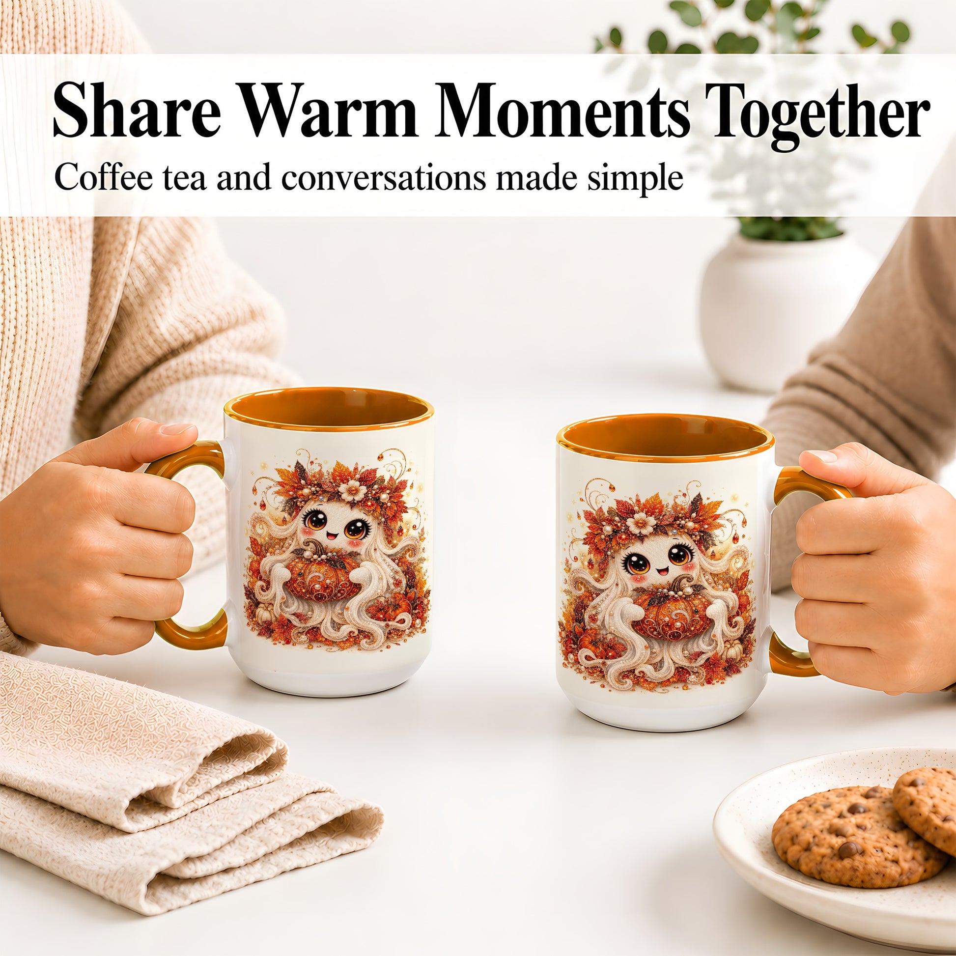 #pl[15oz|Orange] Cute Autumn Ghost Accent Mug, Ceramic Mug with Pumpkin Artwork