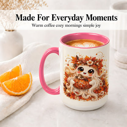 #pl[15oz|Pink] Cute Autumn Ghost Accent Mug, Ceramic Mug with Pumpkin Artwork