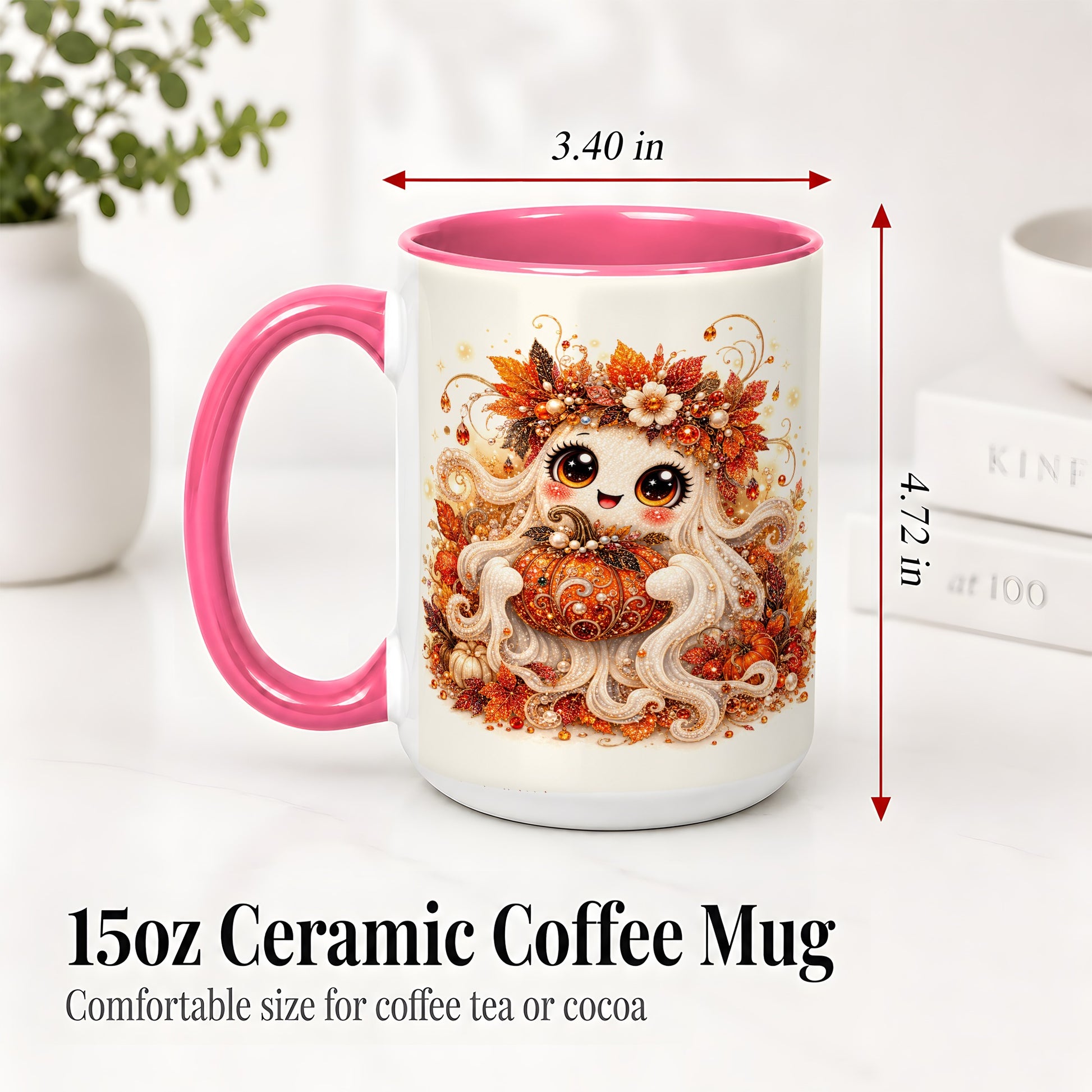 #pl[15oz|Pink] Cute Autumn Ghost Accent Mug, Ceramic Mug with Pumpkin Artwork