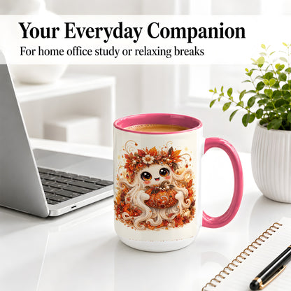 #pl[15oz|Pink] Cute Autumn Ghost Accent Mug, Ceramic Mug with Pumpkin Artwork