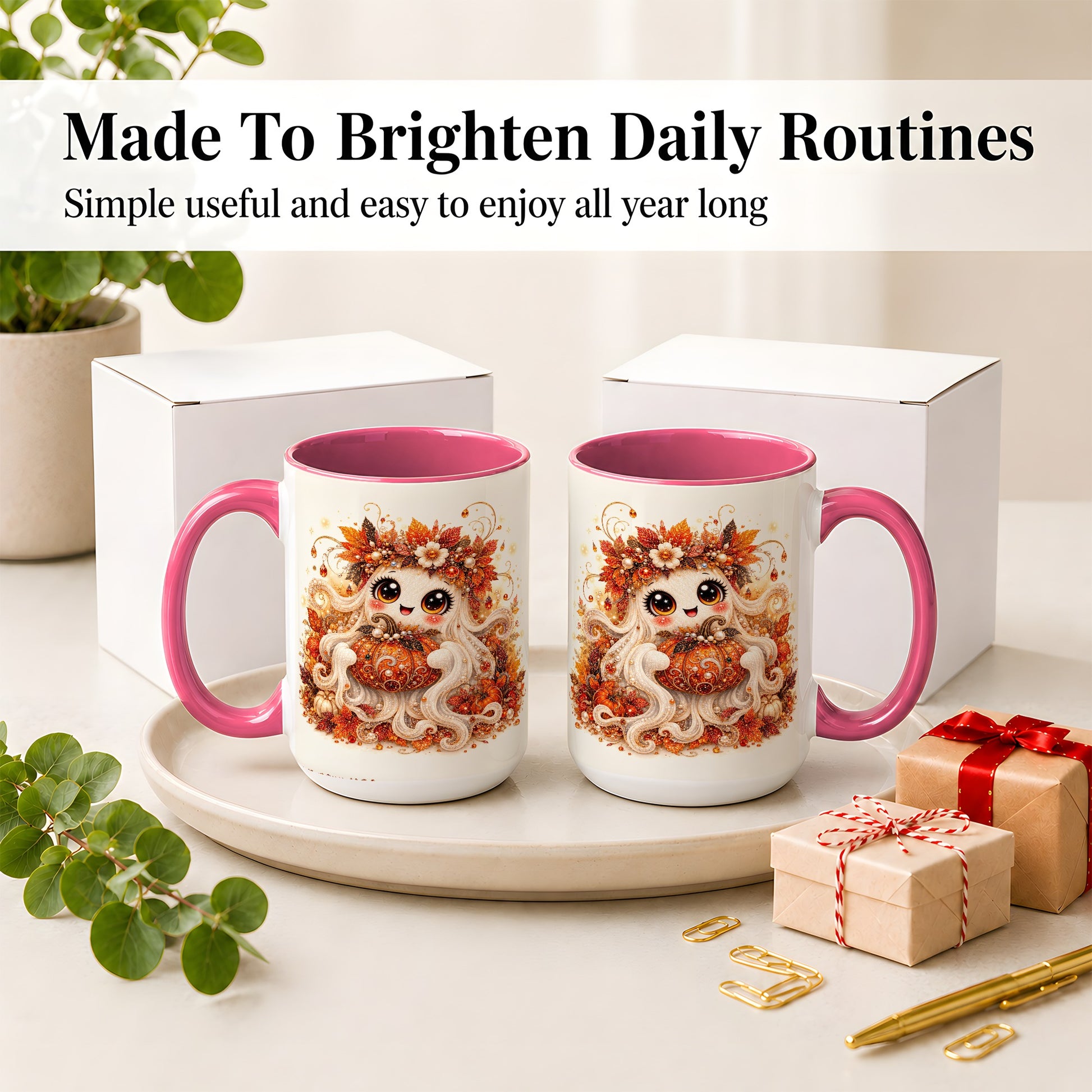 #pl[15oz|Pink] Cute Autumn Ghost Accent Mug, Ceramic Mug with Pumpkin Artwork