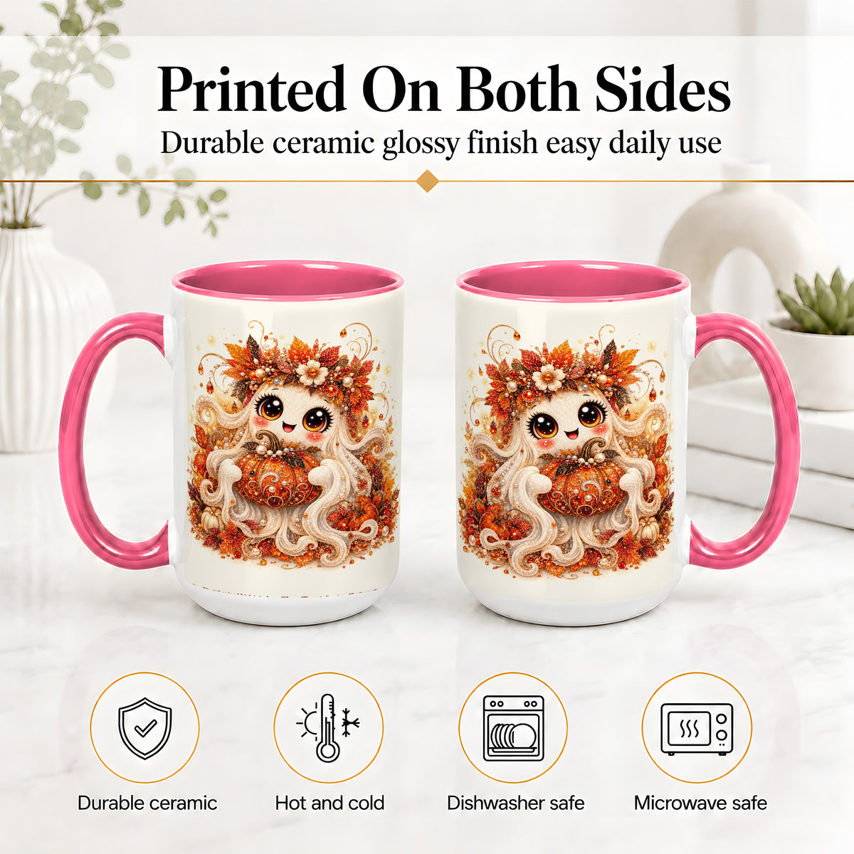 #pl[15oz|Pink] Cute Autumn Ghost Accent Mug, Ceramic Mug with Pumpkin Artwork