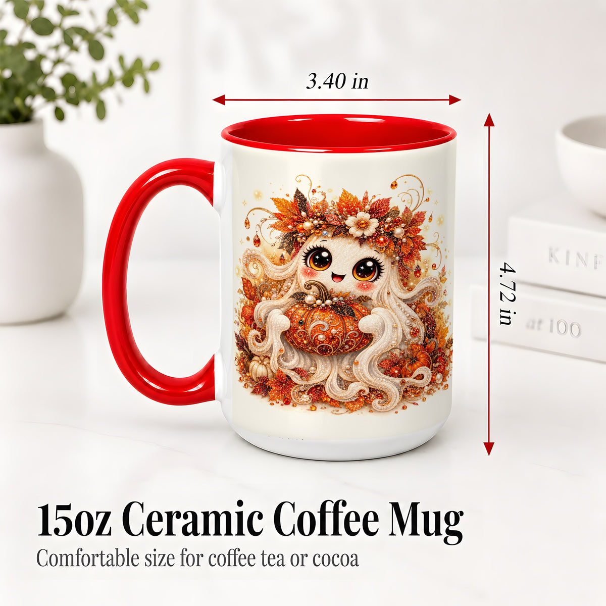 #pl[15oz|Red] Cute Autumn Ghost Accent Mug, Ceramic Mug with Pumpkin Artwork