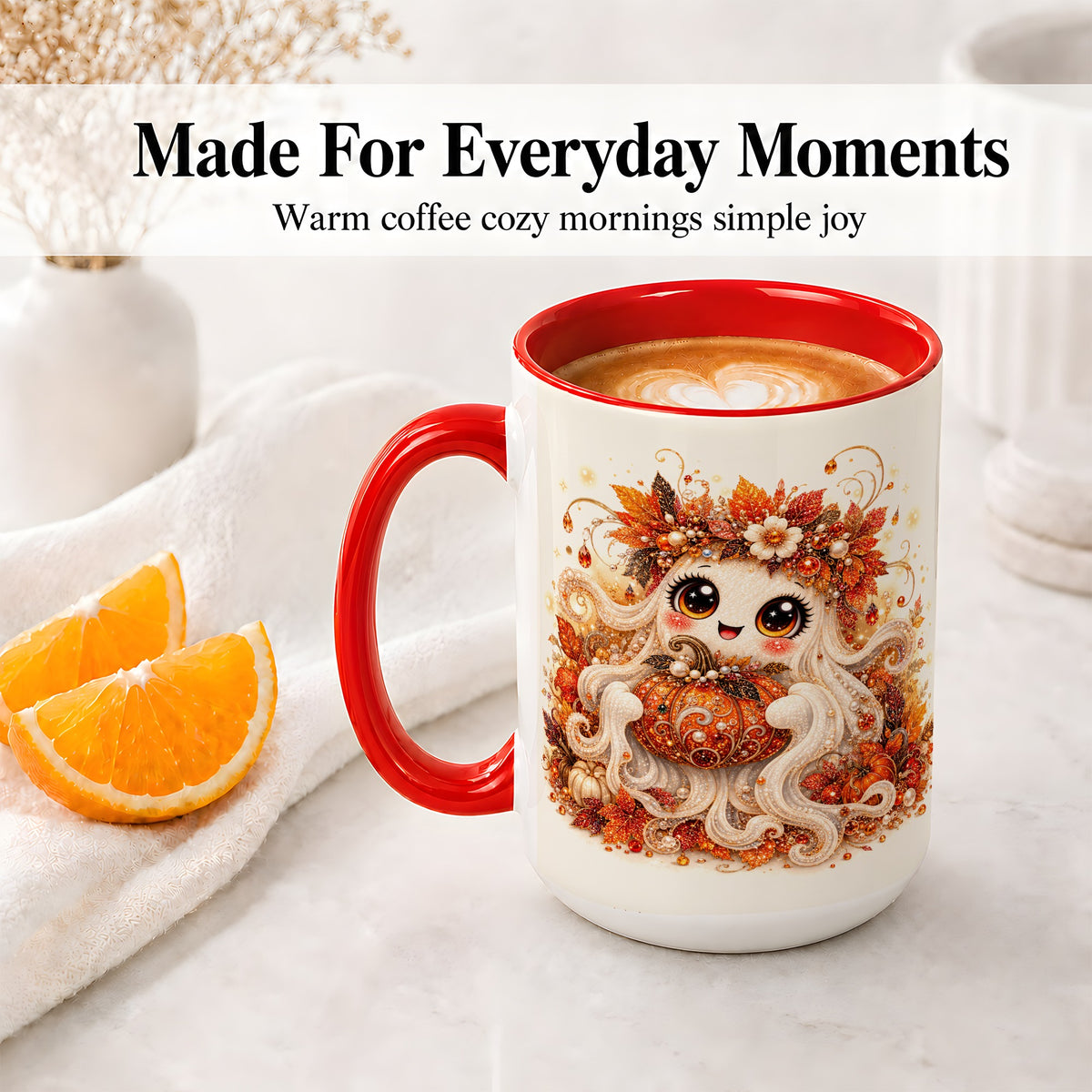 #pl[15oz|Red] Cute Autumn Ghost Accent Mug, Ceramic Mug with Pumpkin Artwork