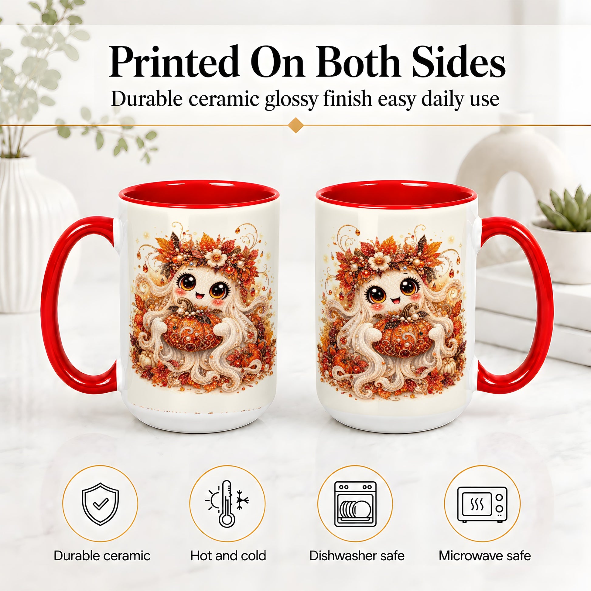 #pl[15oz|Red] Cute Autumn Ghost Accent Mug, Ceramic Mug with Pumpkin Artwork