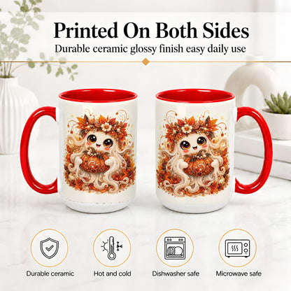 #pl[15oz|Red] Cute Autumn Ghost Accent Mug, Ceramic Mug with Pumpkin Artwork