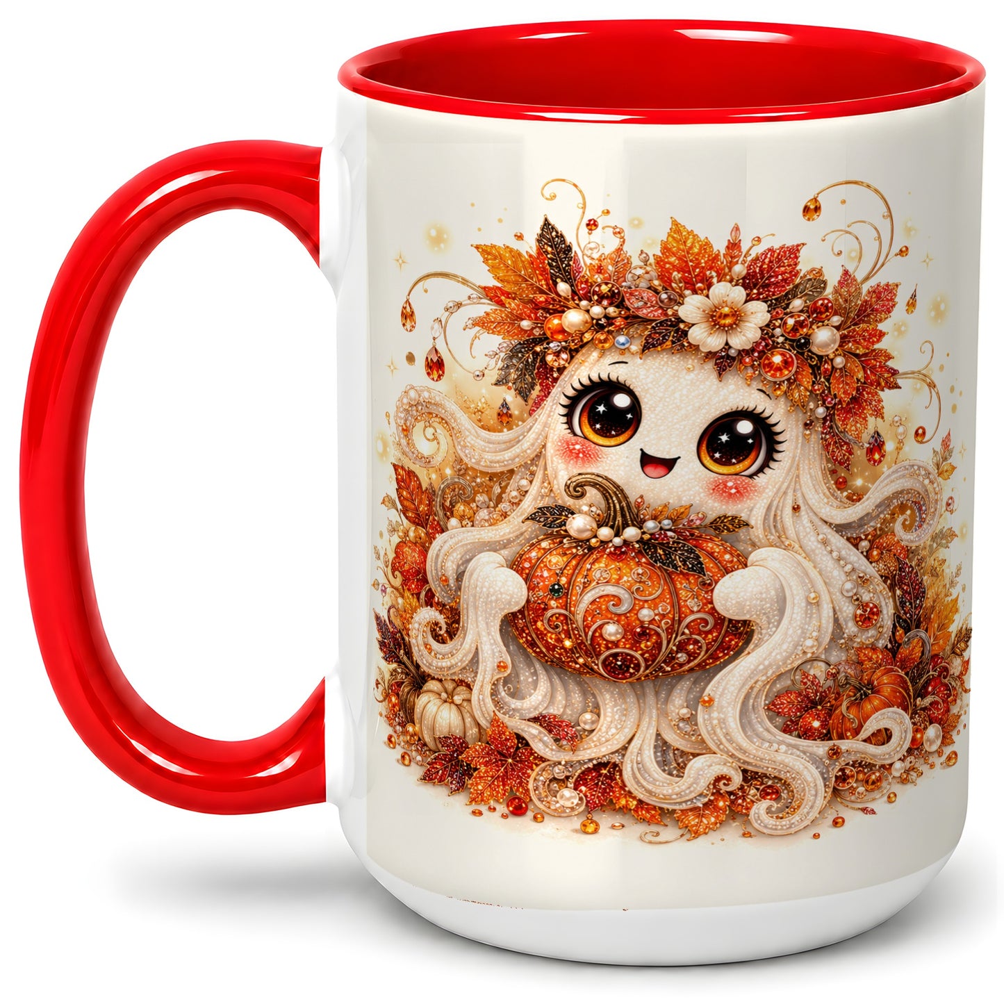 #pl[15oz|Red] Cute Autumn Ghost Accent Mug, Ceramic Mug with Pumpkin Artwork