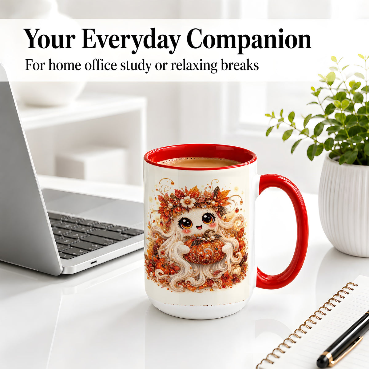 #pl[15oz|Red] Cute Autumn Ghost Accent Mug, Ceramic Mug with Pumpkin Artwork