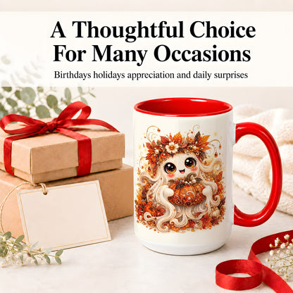 #pl[15oz|Red] Cute Autumn Ghost Accent Mug, Ceramic Mug with Pumpkin Artwork