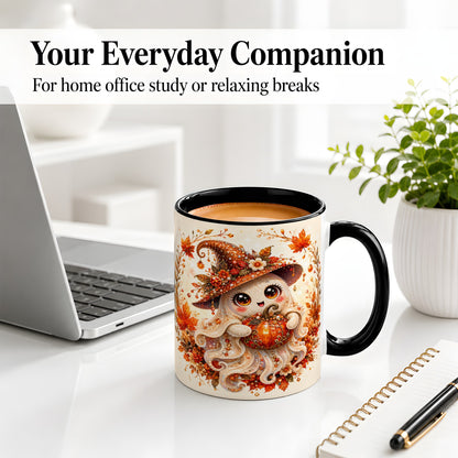 #pl[11oz|Black] Witch Ghost Accent Mug, Ceramic Mug with Autumn Pumpkin Artwork