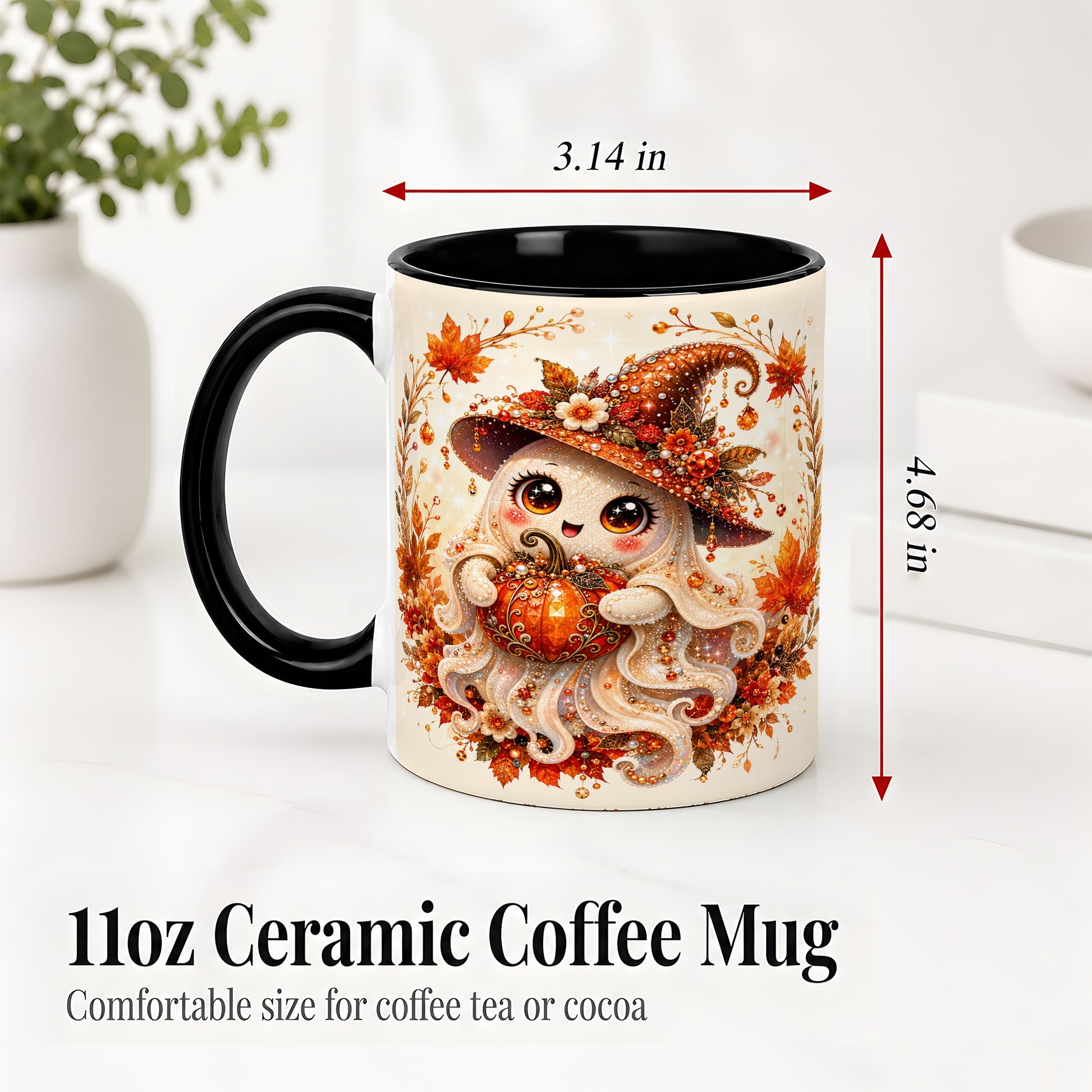 #pl[11oz|Black] Witch Ghost Accent Mug, Ceramic Mug with Autumn Pumpkin Artwork