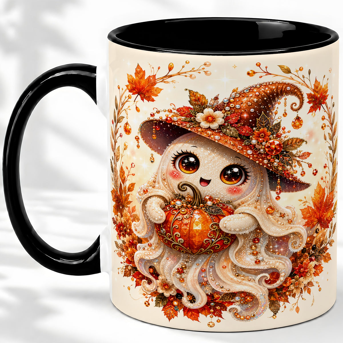 #pl[11oz|Black] Witch Ghost Accent Mug, Ceramic Mug with Autumn Pumpkin Artwork