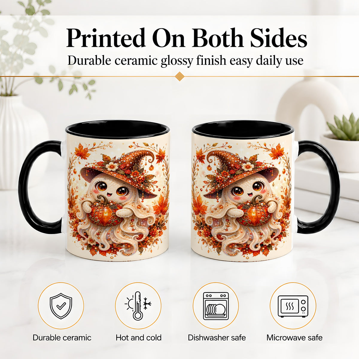 #pl[11oz|Black] Witch Ghost Accent Mug, Ceramic Mug with Autumn Pumpkin Artwork