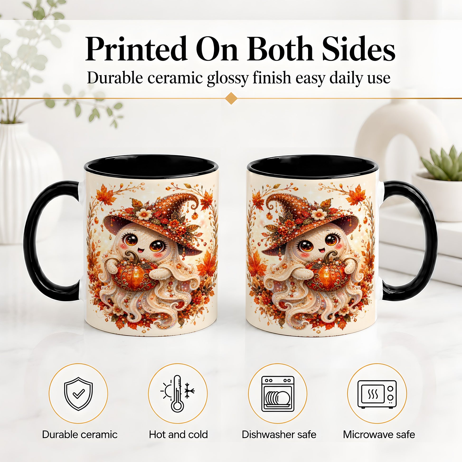 #pl[11oz|Black] Witch Ghost Accent Mug, Ceramic Mug with Autumn Pumpkin Artwork